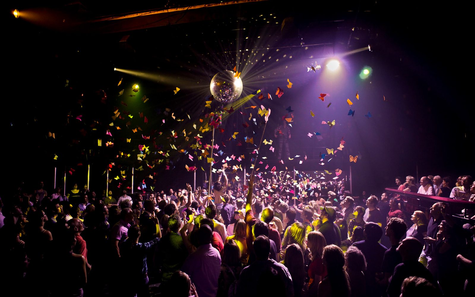Butterflies fall over the crowd at The Donkey Show.