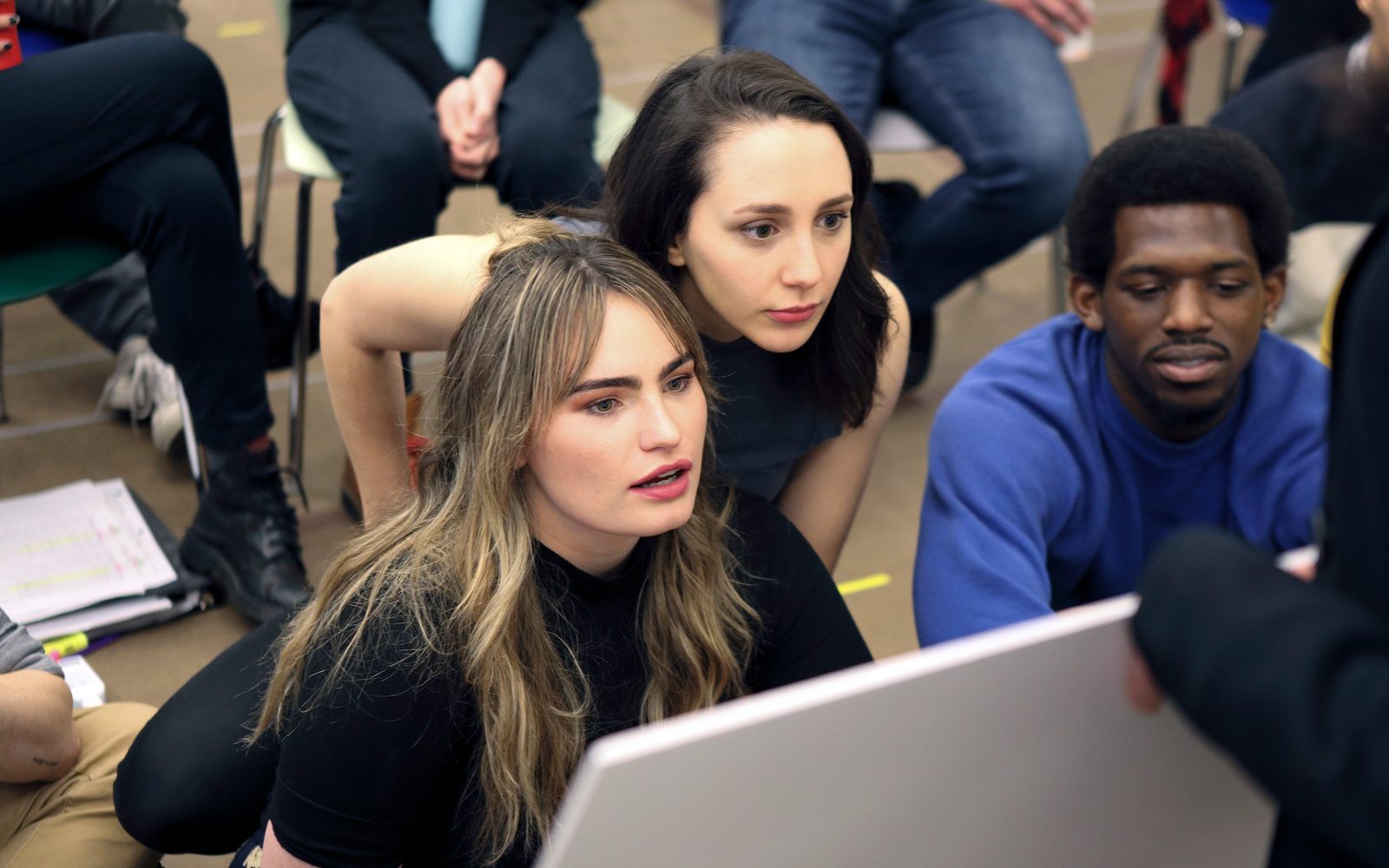Kathryn Gallagher (Ensemble), Lauren Patten (Jo), and Yeman Josiah Brown (Swing) at the first rehearsal of Jagged Little Pill.