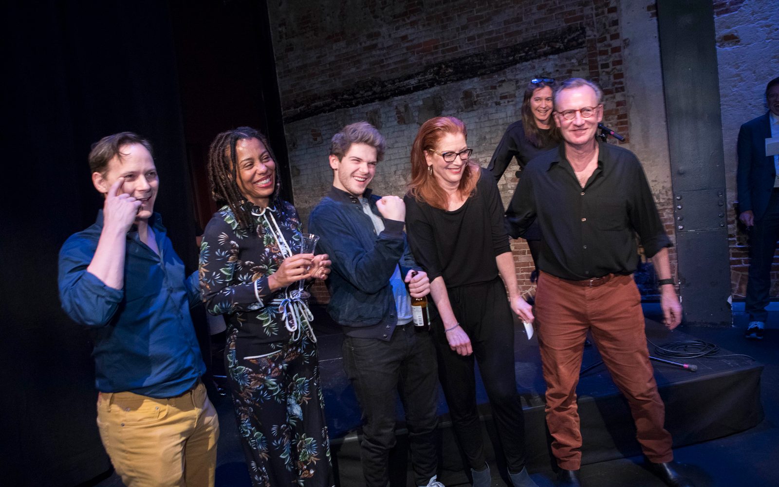 The cast of The White Card: Jim Poulos, Karen Pittman, Colton Ryan, Patricia Kalember, and Daniel Gerroll are introduced at the Opening Night Celebration by A.R.T. Artistic Director Diane Paulus. The event was held at The Emerson Paramount Center black box theater.