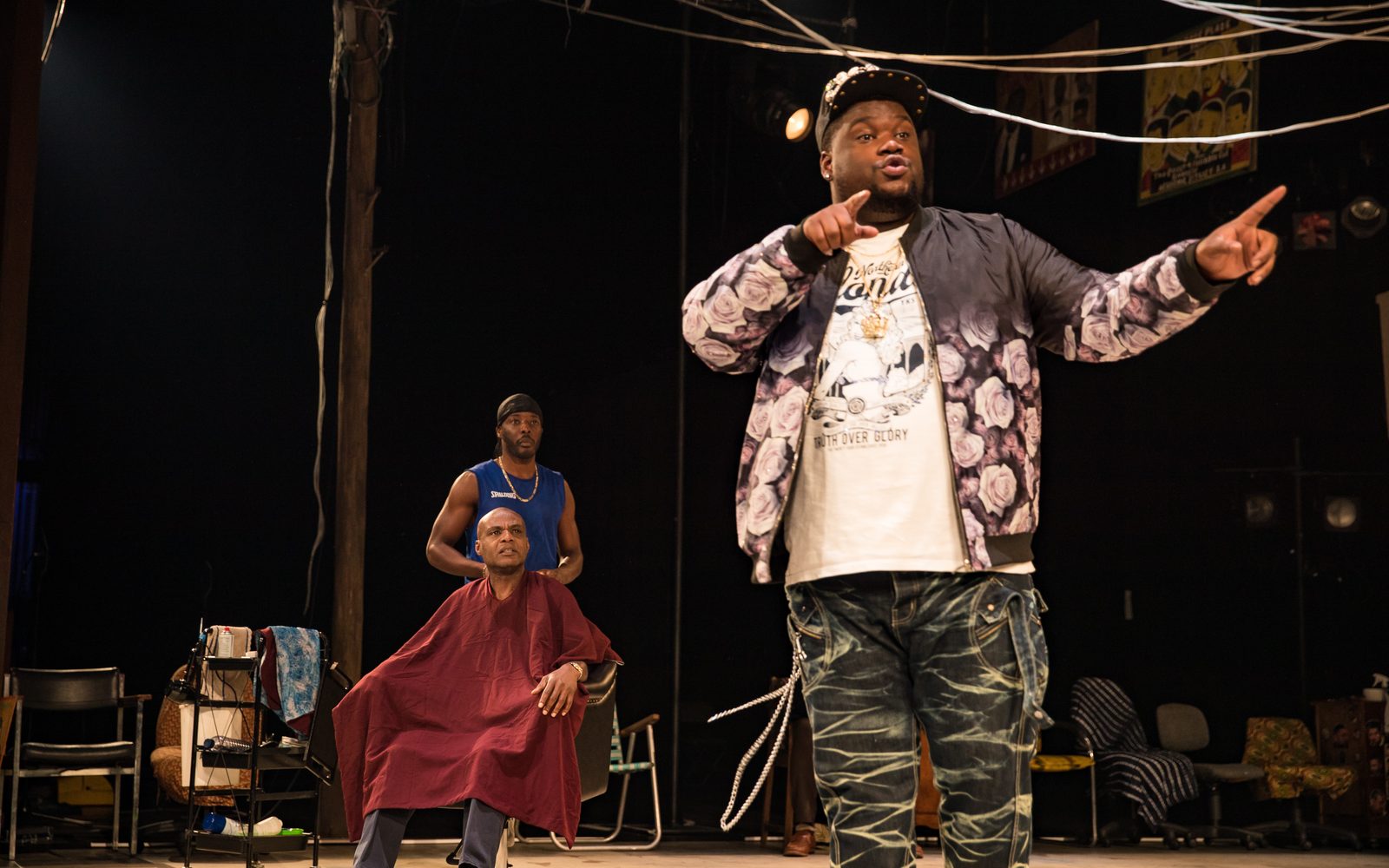 Maynard Eziashi, Solomon Israel, and Tuwaine Barrett in Barber Shop Chronicles.
