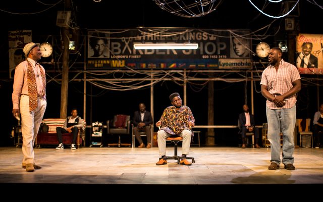 Patrice Naiambana, Kenneth Omole, and Ekow Quartey in Barber Shop Chronicles.