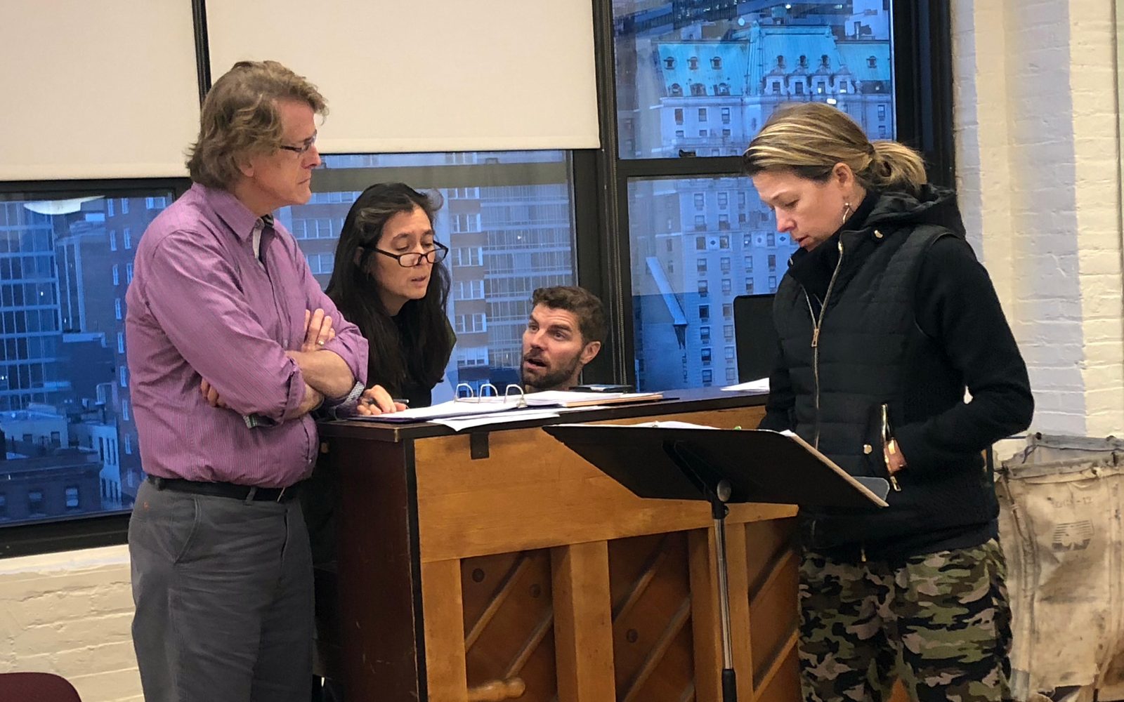 Dick Scanlon, Diane Paulus, Lance Horne, and Abbey O’Brien in rehearsal for ExtraOrdinary.