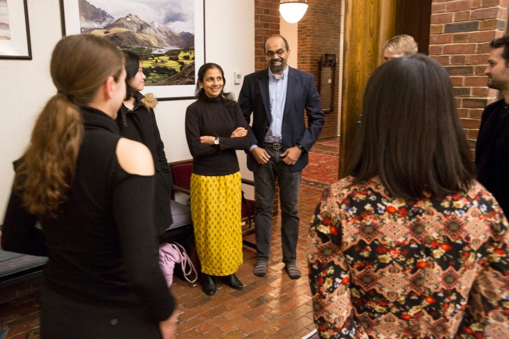 Faculty Deans L. (Maha) Mahadevan and Amala Mahadevan speak with members of the company before the performance. The American Modern Opera Company (AMOC) performs at Mather House as part of a nine-day, student-immersive, teaching and performance residency at Harvard