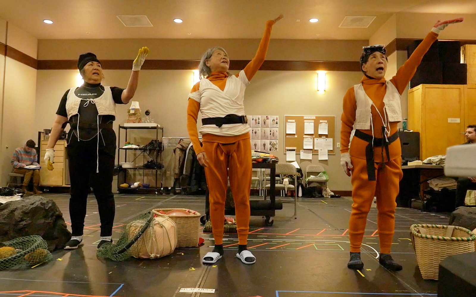 Emily Kuroda, Jo Yang, and Wai Ching Ho in rehearsal for Endlings.