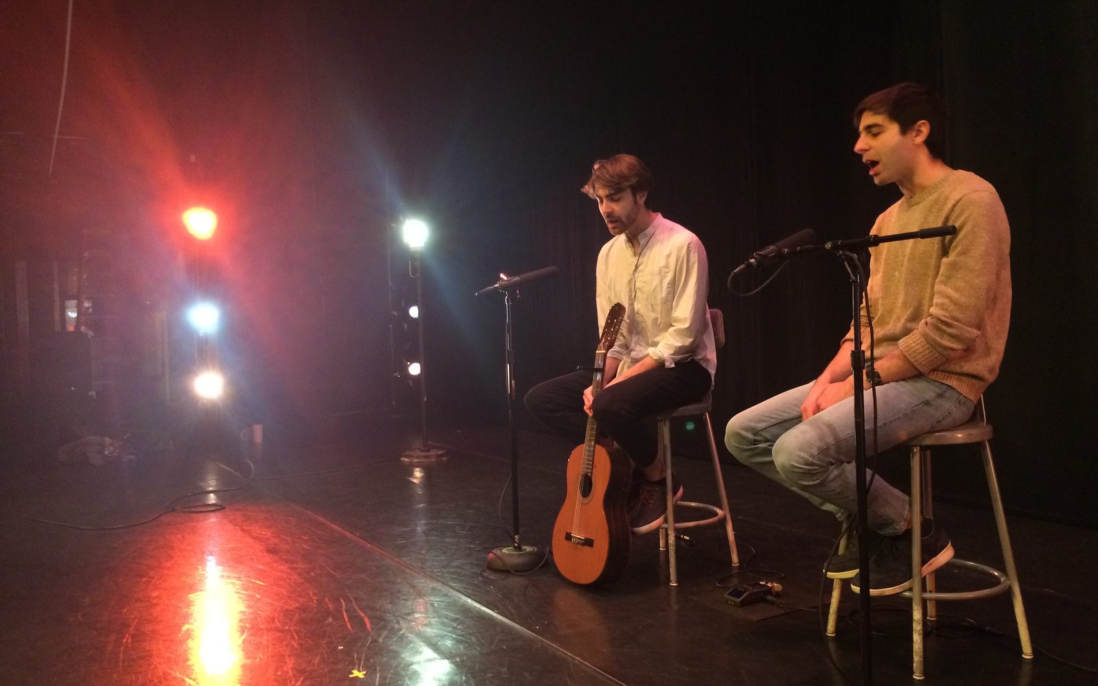 Daniel Lazour and Patrick Lazour perform “Tahrir Is Now” from We Live in Cairo on the stage of the Loeb Drama Center.