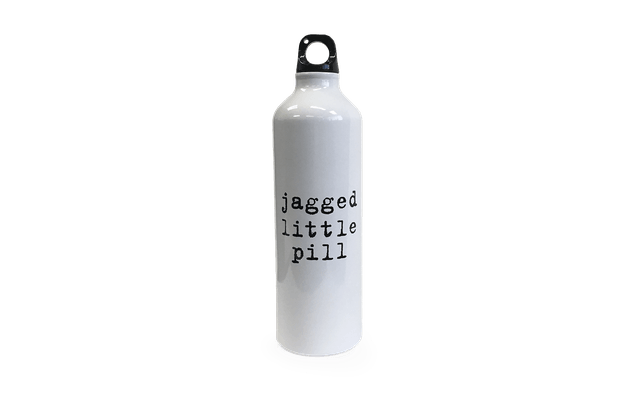 White water bottle that says, “Jagged Little Pill.”