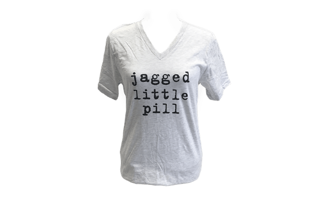 Gray V-neck T-shirt that says, “Jagged Little Pill.”