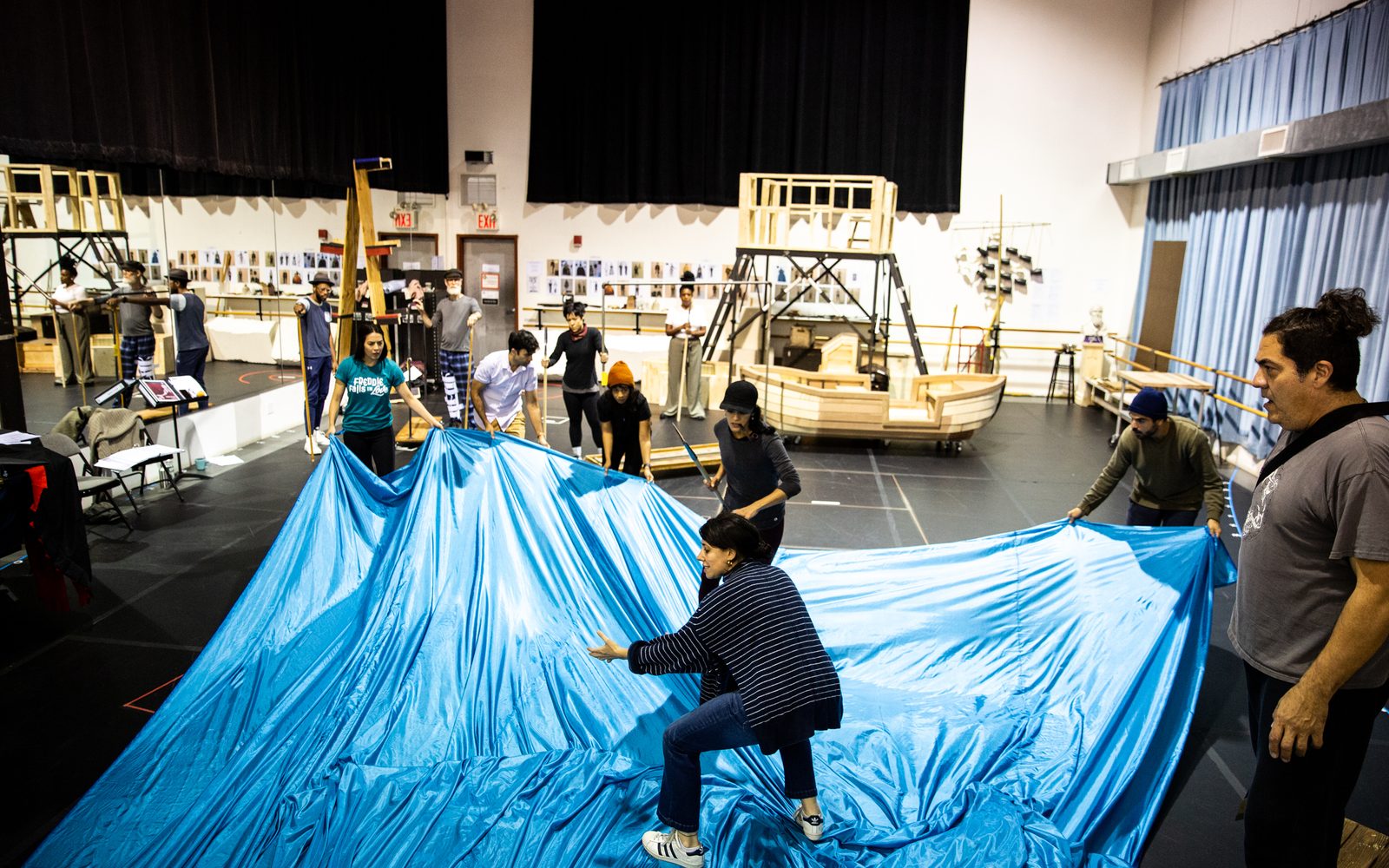 Director Rachel Chavkin works with the company on a scene in rehearsal for Moby-Dick.