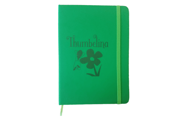 Green notebook that says, “Thumbelina” above a girl and a flower.