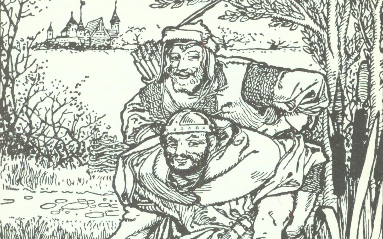 Illustration of Father Tuck carrying Robin Hood