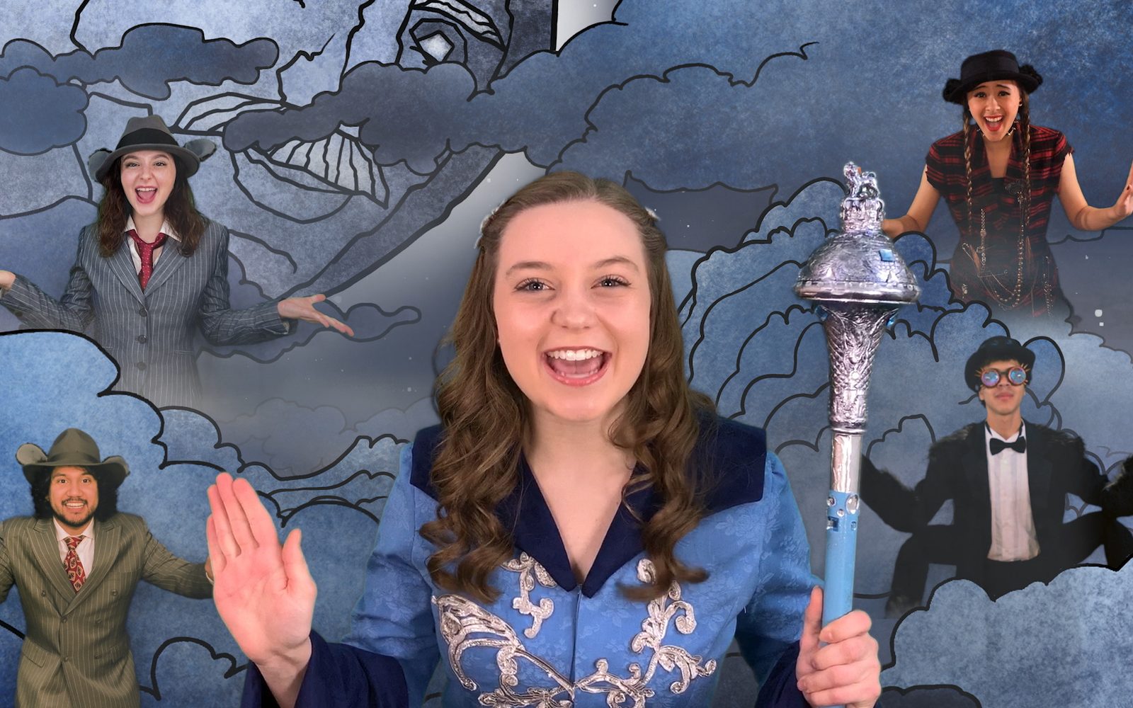 Caitlin Beirne as the Grand Storyteller with (clockwise from top left) Laura Frustaci, Olympia Hatzilambrou, James Caven, and Jonathan Castillo in Jack and the Beanstalk: A Musical Adventure.