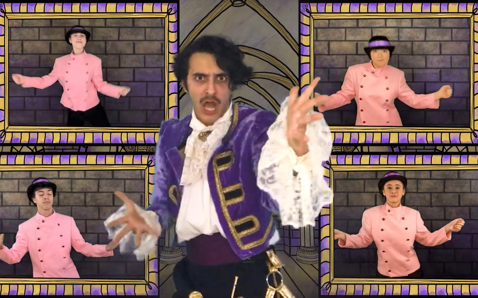 Louis Zekowski as King Giant with (clockwise from top left) Sophie Bauder, Odessa Deng, Olympia Hatzilambrou, and James Caven in Jack and the Beanstalk: A Musical Adventure.