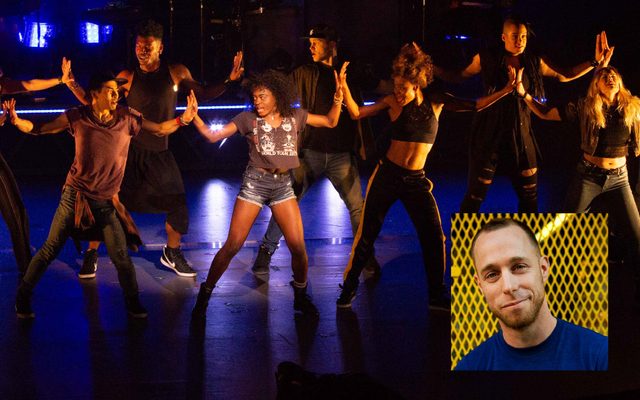 Celia Rose Gooding and the Ensemble of Jagged Little Pill dancing with inset photo of Marc Kimelman