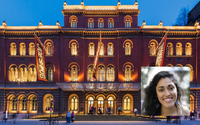 Outside facade of The Public Theater in NYC at dusk with inset photo of Yuvika Tolani