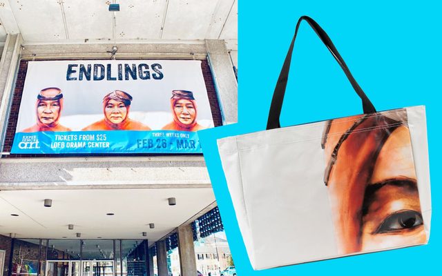 The marquee tote bag collaged next to a photo of the marquee banner.