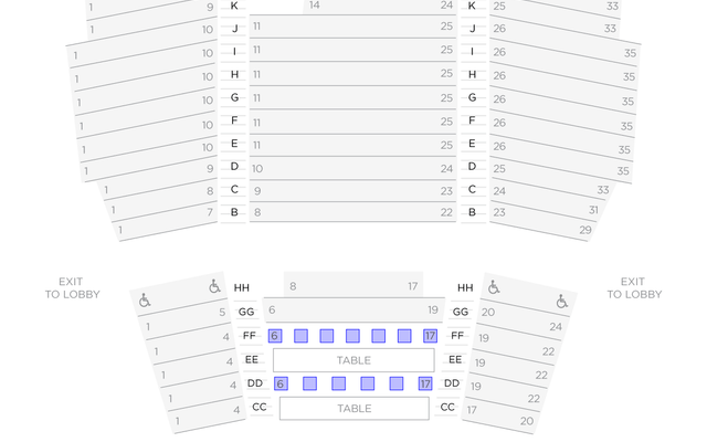 The Ocean Filibuster seating chart with Senate Seats at tables in the front two rows.