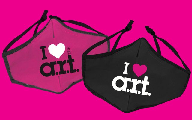 Face masks with adjustable ear loops that say, “I heart A.R.T.” available in black and magenta.