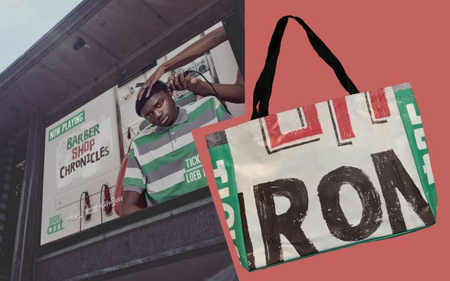 The marquee tote bag collaged next to a photo of the marquee banner.