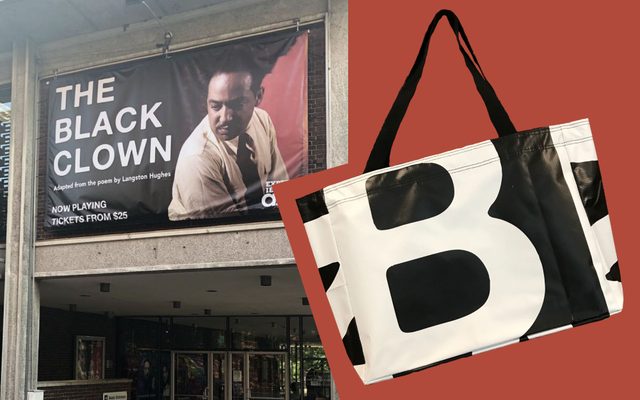The marquee tote bag collaged next to a photo of the marquee banner.