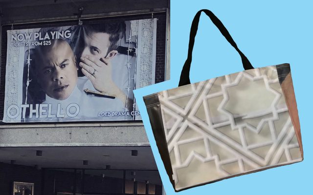 The marquee tote bag collaged next to a photo of the marquee banner.
