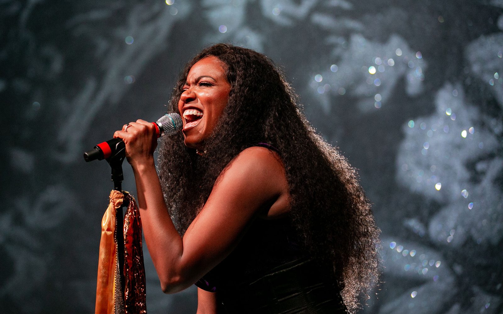 Whitney White sings into a microphone in front of a glittering silver background.