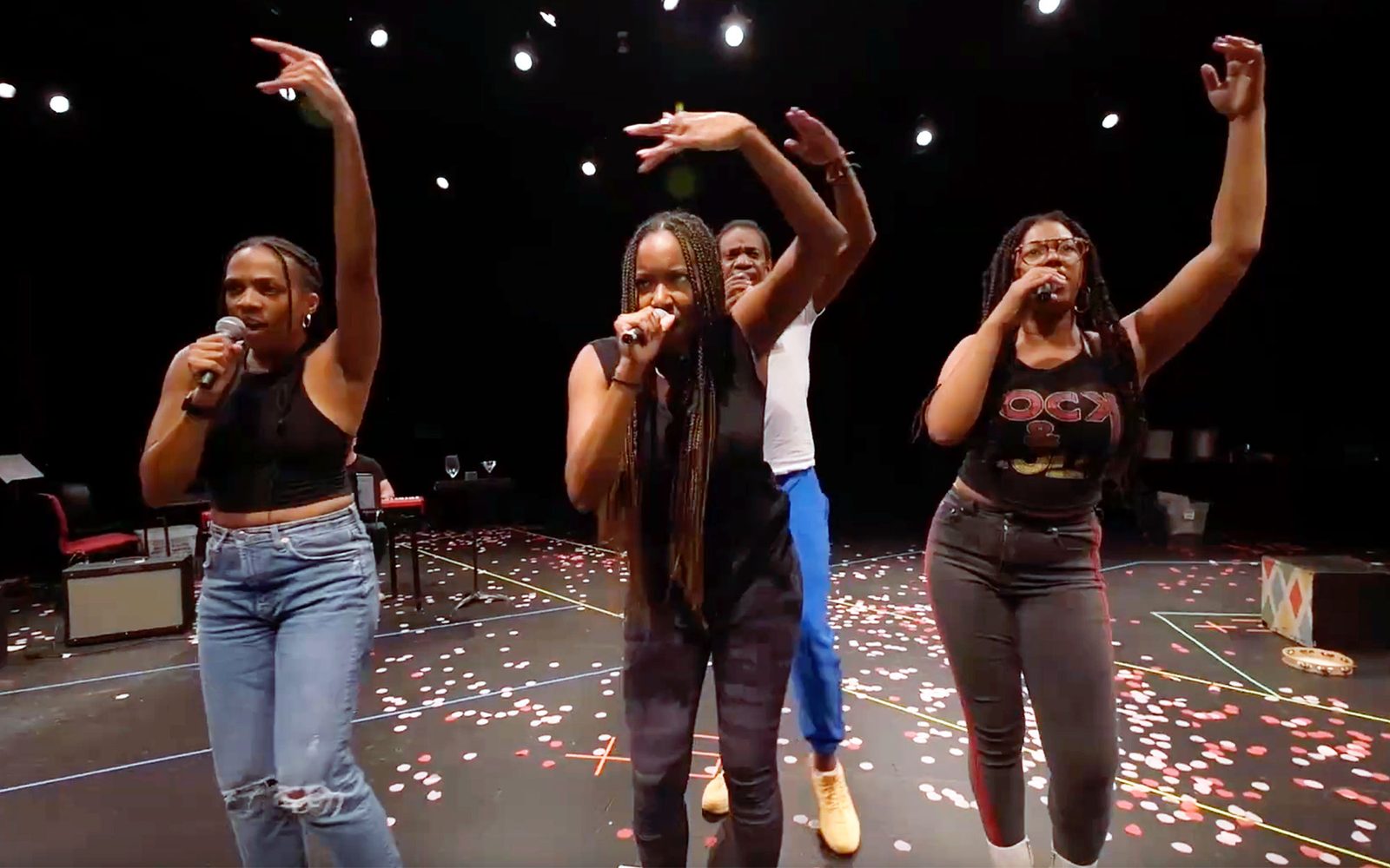 Phoenix Best, Whitney White, Reggie D. White, and Kira Sarai in rehearsal for Macbeth In Stride
