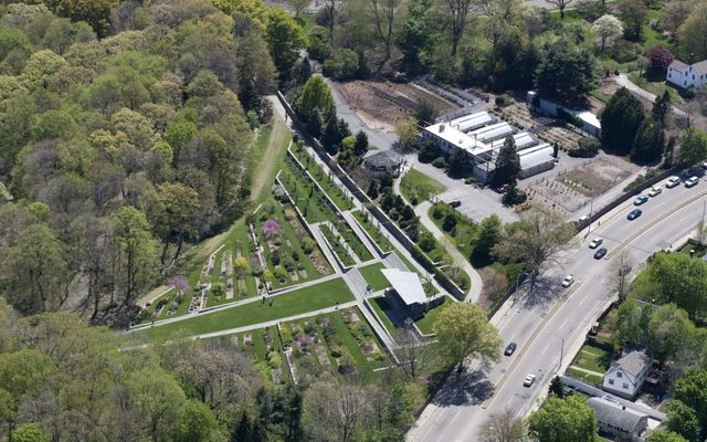 Aerial view of Leventritt Shrub and Vine Garden, Larz Anderson Bonsai Collection, and Dana Greenhouses