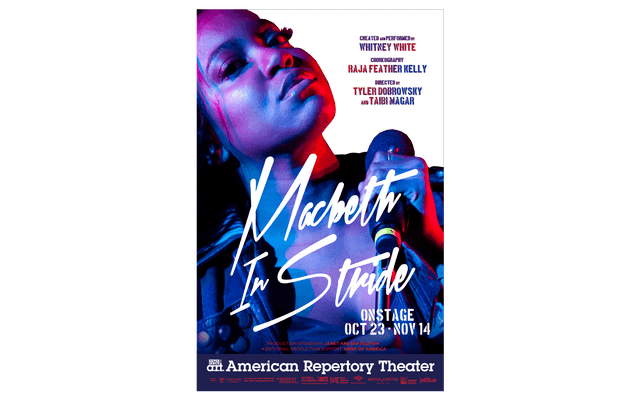 A poster for Macbeth In Stride that features Whitney White at a microphone.
