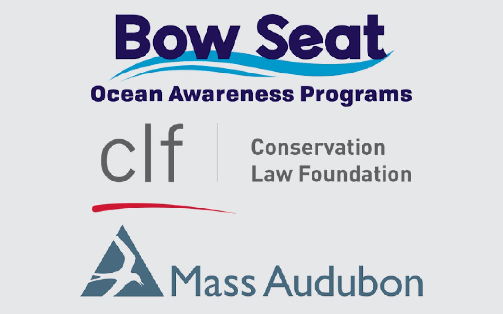 Logos of Bow Seat Awareness Programs, Conservation Law Foundation, and Mass Audubon