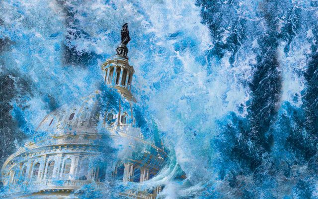 A massive ocean wave engulfing the dome of the capitol building.