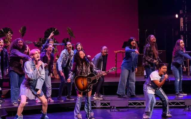 Luke Ferrari, YDE, and Paravi Das singing in front of members of the Boston Children’s Chorus in WILD: A Musical Becoming.