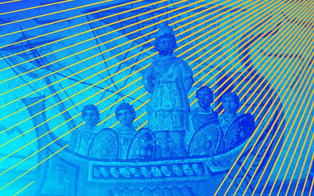 Mosaic of Odysseus tied to the mast of his ship.