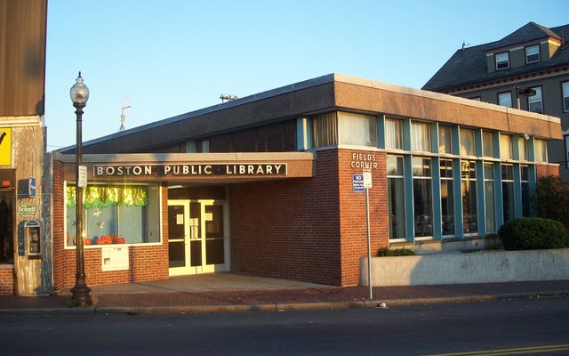 The Fields Corner Branch Library, A low-slung brick building.