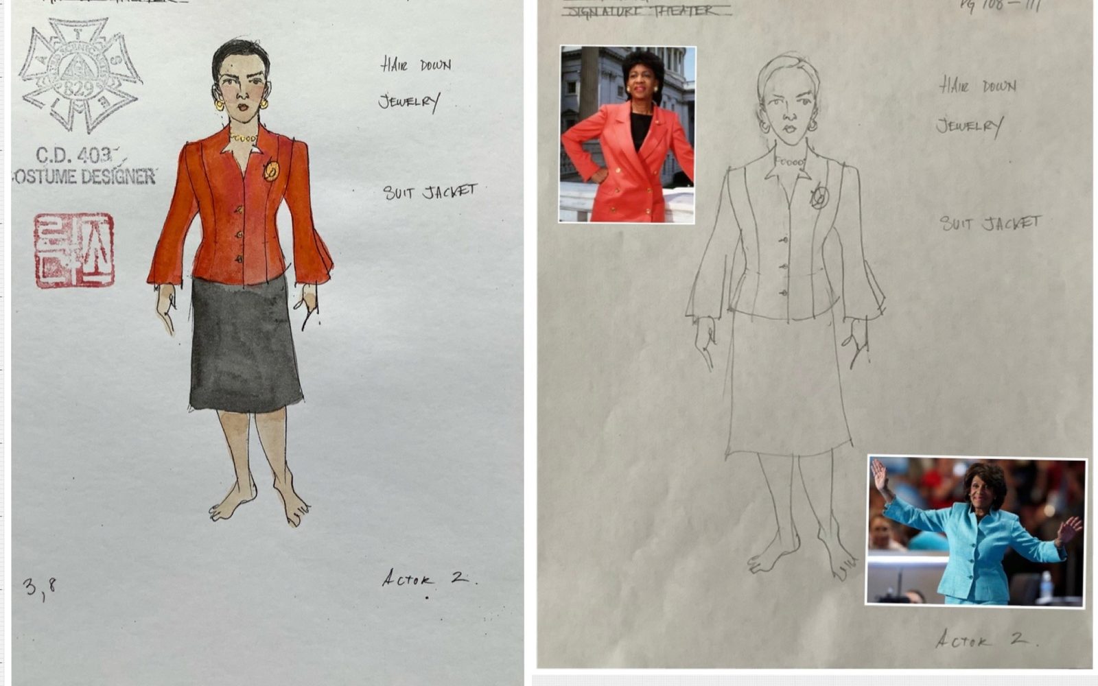 Sketches and photo inspiration of Maxine Waters in a red blazer and grey skirt.