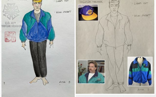 Sketches and photo inspiration of Reginald Denny in a multicolored windbreaker.