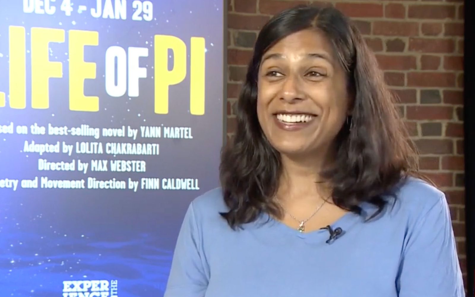 Lolita Chakrabarti in a blue T-shirt.