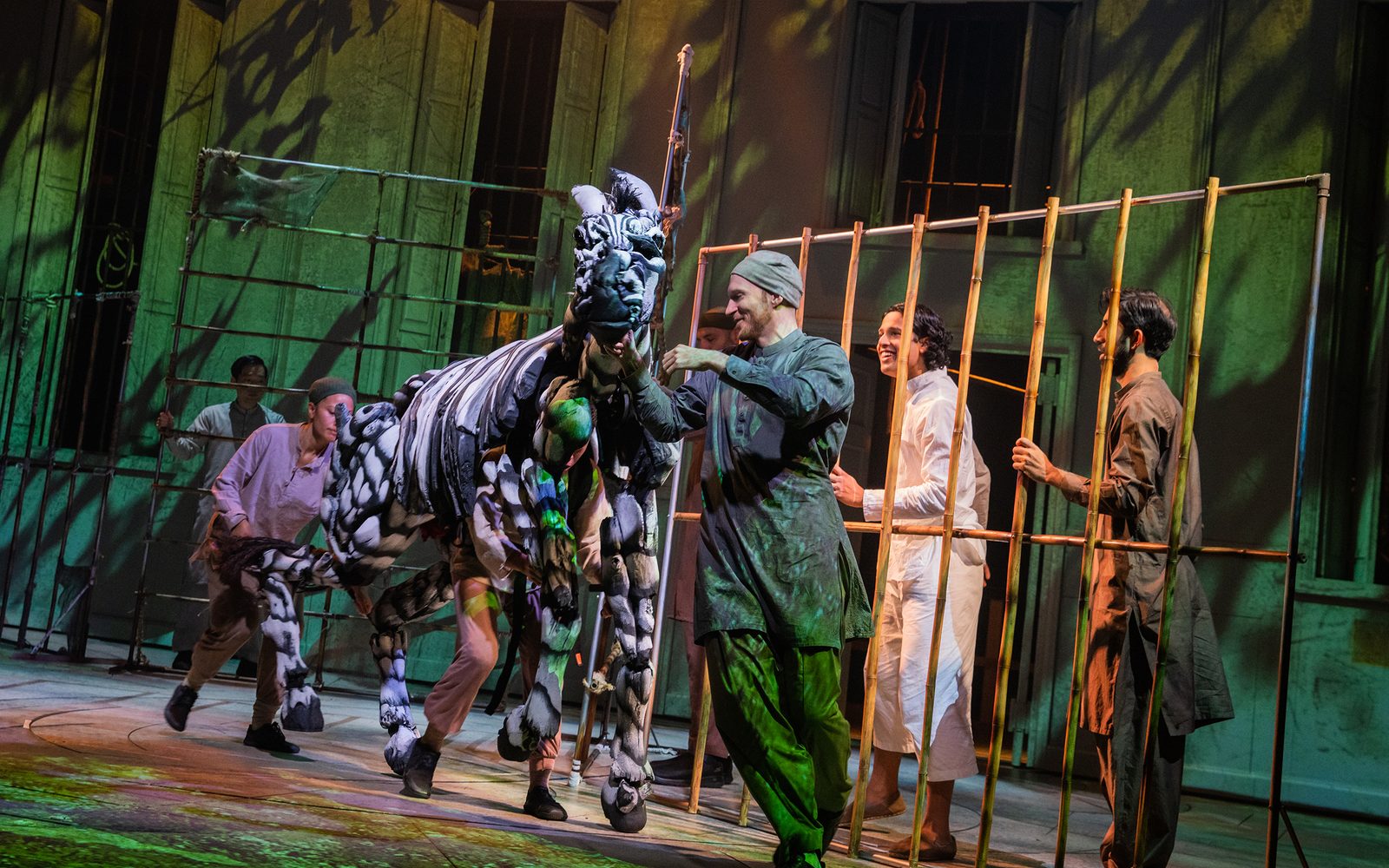 Celia Mei Rubin, Nikki Calonge, and Rowan Magee gallop a zebra puppet while Adi Dixt and Sathya Sridharan watch through a bamboo fence.