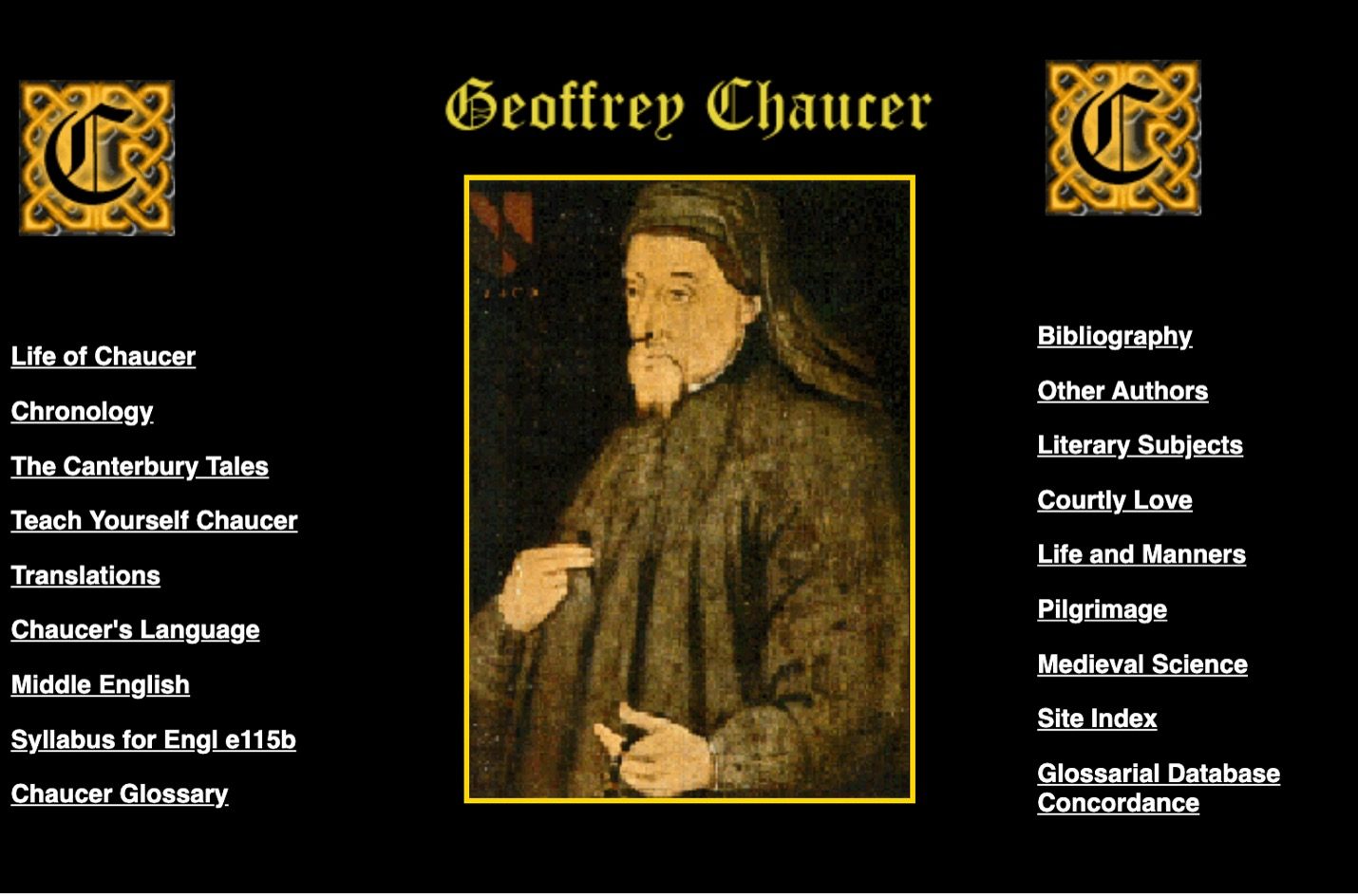 A screenshot of Harvard's Geoffrey Chaucer Website in the early 2000s, showing a portrait of Chaucer surrounded by hyperlinks to areas of the website.