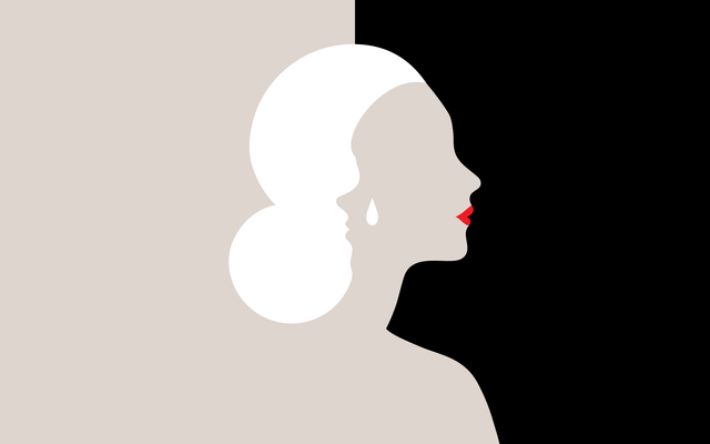 A gray silhouette with white hair overlaps a black background