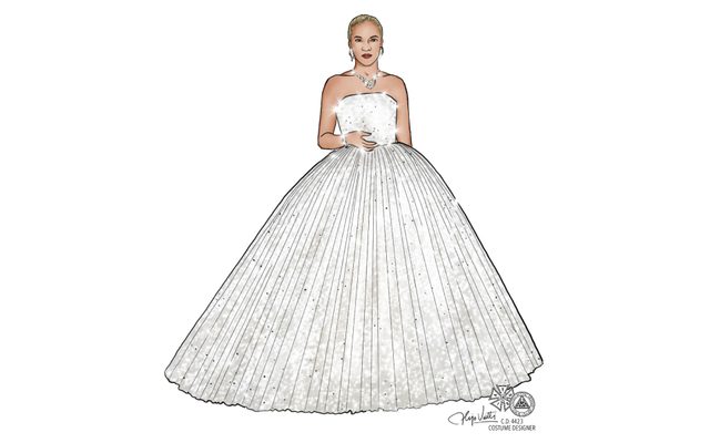 A woman in a white, sparkly ballgown, bracelet, necklace, and earrings.