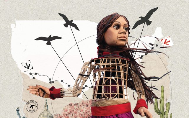 The Little Amal puppet superimposed on an image of the contiguous U.S.