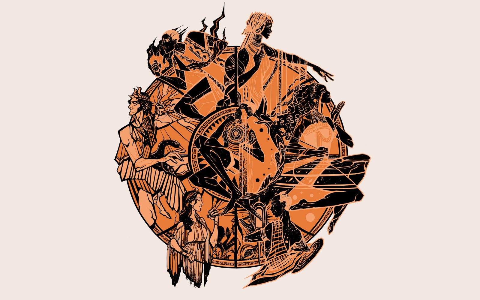 Terracotta illustration of the main characters of The Half-God of Rainfall, with Demi at the center.