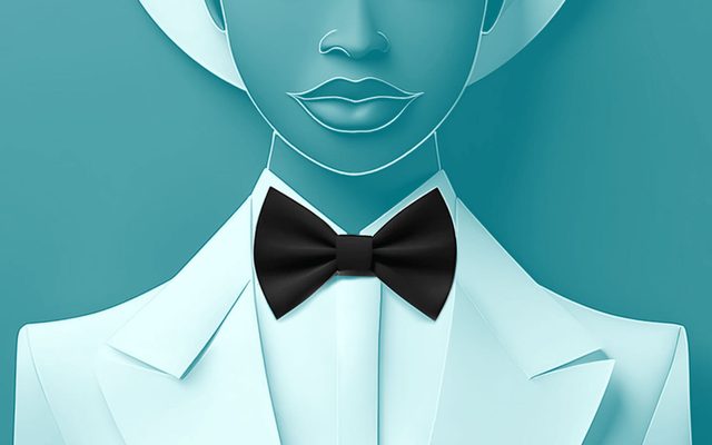 Illustration of a woman in a white suit and black bowtie on a teal background, which cuts off above her subtle smile