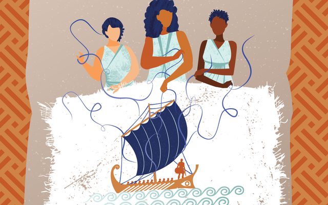 A flat illustration of three women standing above the silhouette of a ship, pulling the lines of its sails. A warrior stands on the prow of the ship.
