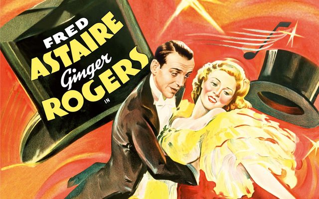 Illustrated poster for Top hat showing Fred Astaire and Ginger Rogers dancing next to a large top hat.