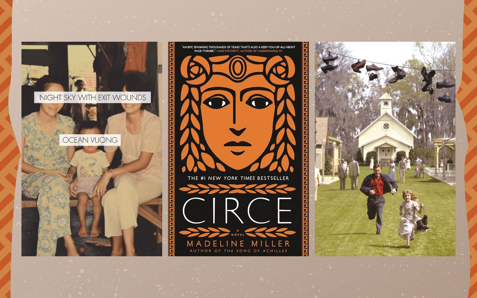 The cover of Night Sky with Exit Wounds by Ocean Vuong; the cover of Circe by Madeline Miller; and a still from Big Fish.