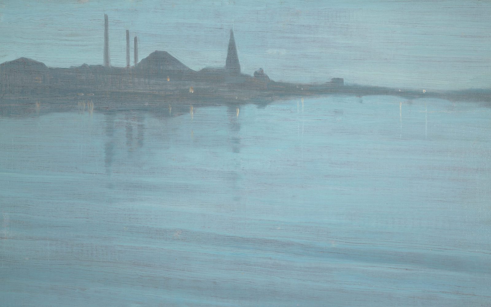 Legato brushwork and a muted, harmonious palette conjure mist and coal smoke over smokestacks and a church steeple on a river.