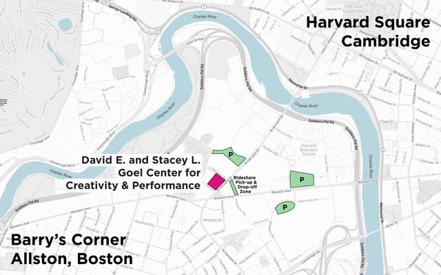 A map of Barry’s Corner in Allston, centered on the site of the Goel Center for Creativity & Performance in magenta. Three nearby parking lots and a pick-up and drop-off area across the street are highlighted in green.