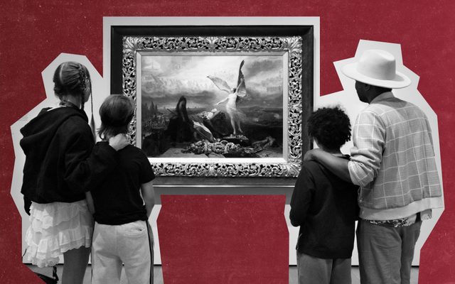 An edited photo of a group of people staring at a painting, superimposed on a textured red background.