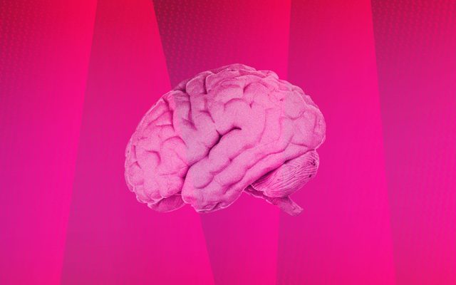 A stylized photograph of a brain over a background of varying shades of pink.